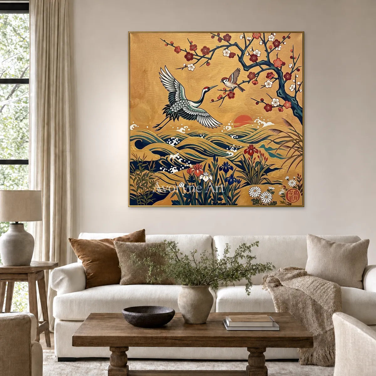 Golden Wingfall: Gold Crane and Blossom Square Wall Art — living gold