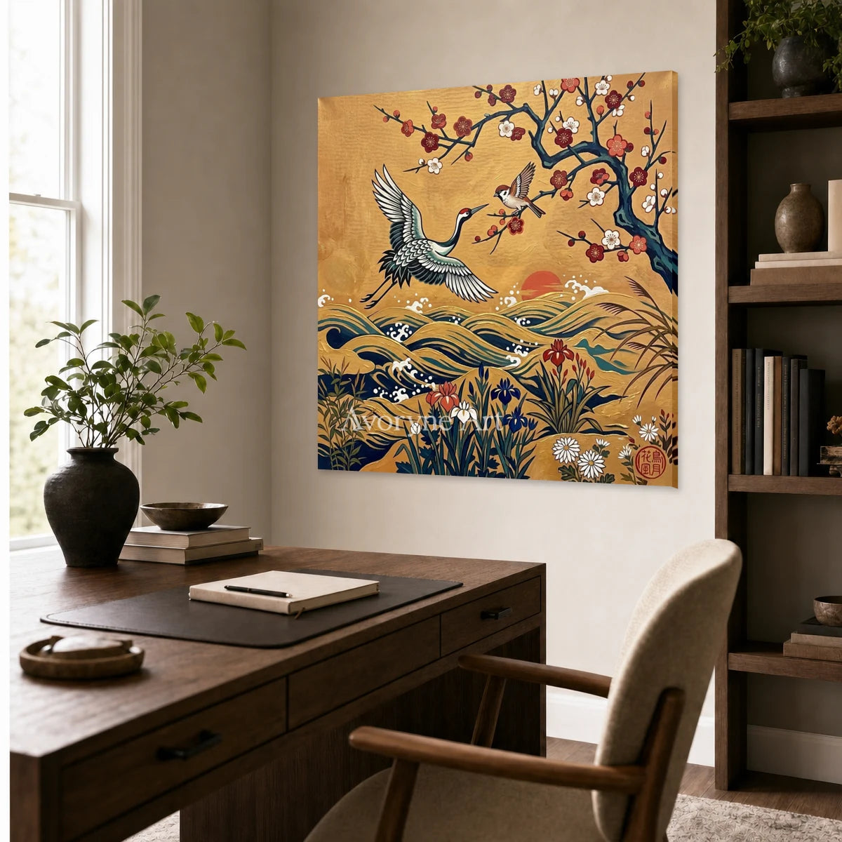 Golden Wingfall: Gold Crane and Blossom Square Wall Art — office frameless