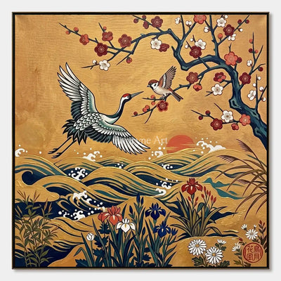 Golden Wingfall: Gold Crane and Blossom Square Wall Art — primary