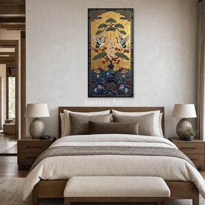 Twin Crane Canopy: Gold Crane and Pine Vertical Wall Art — bedroom black