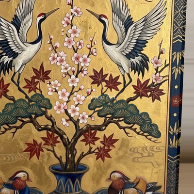 Twin Crane Canopy: Gold Crane and Pine Vertical Wall Art — detail easel