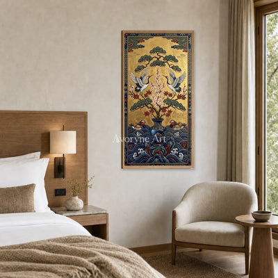 Twin Crane Canopy: Gold Crane and Pine Vertical Wall Art — hotel wood