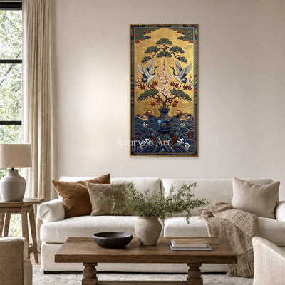 Twin Crane Canopy: Gold Crane and Pine Vertical Wall Art — living gold