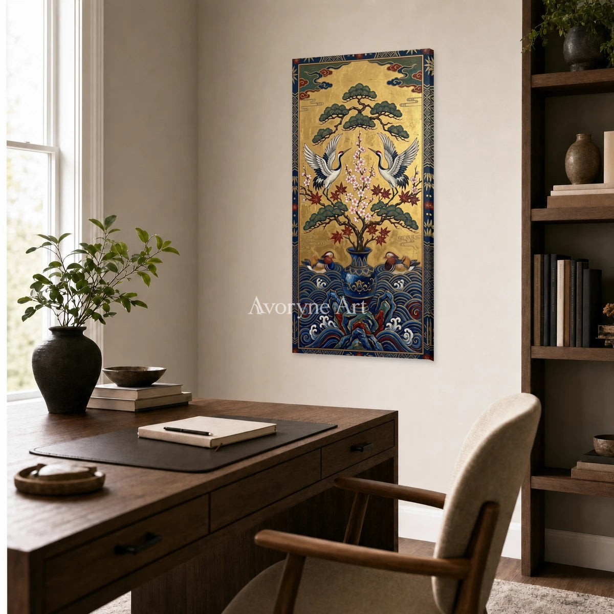 Twin Crane Canopy: Gold Crane and Pine Vertical Wall Art — office frameless