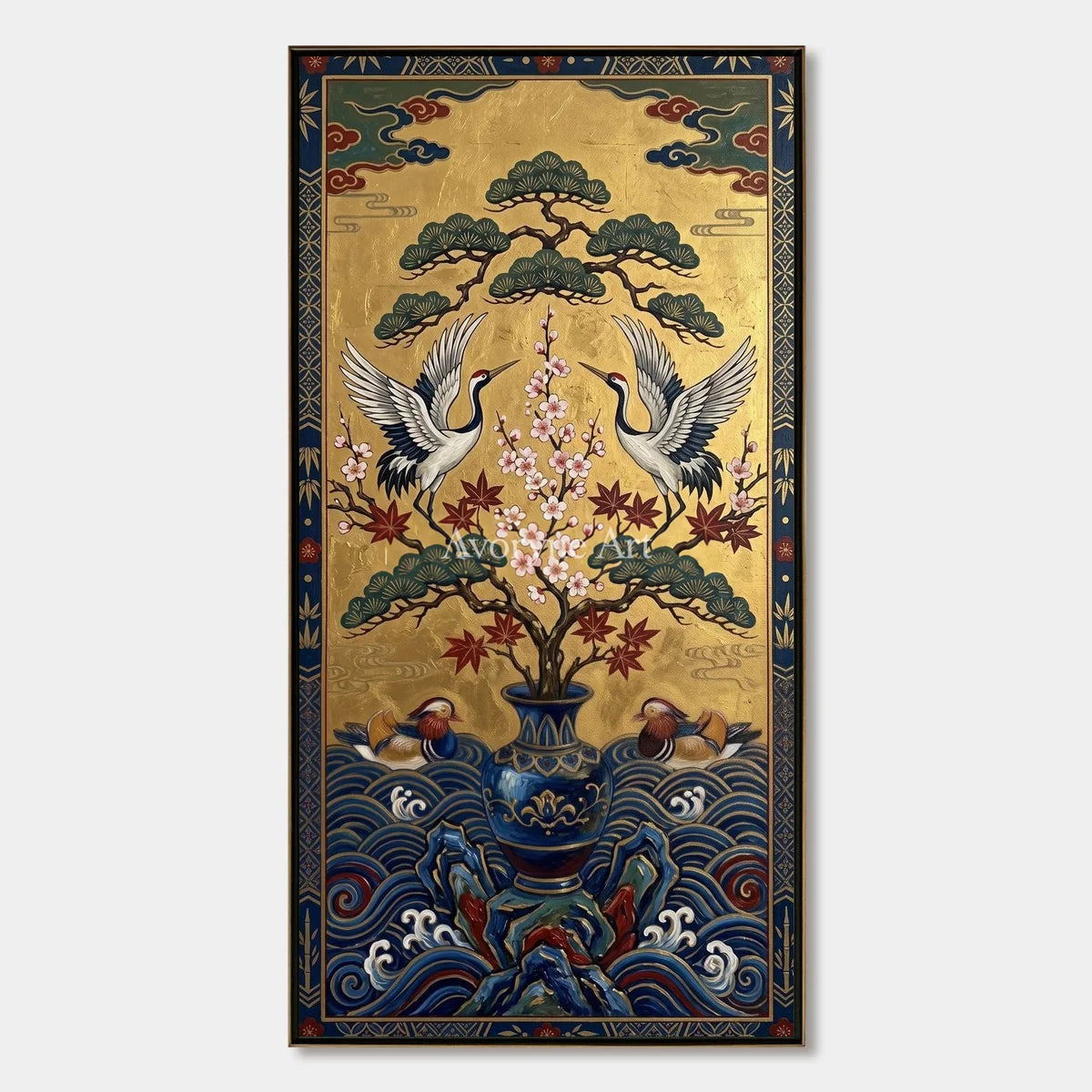 Twin Crane Canopy: Gold Crane and Pine Vertical Wall Art — primary