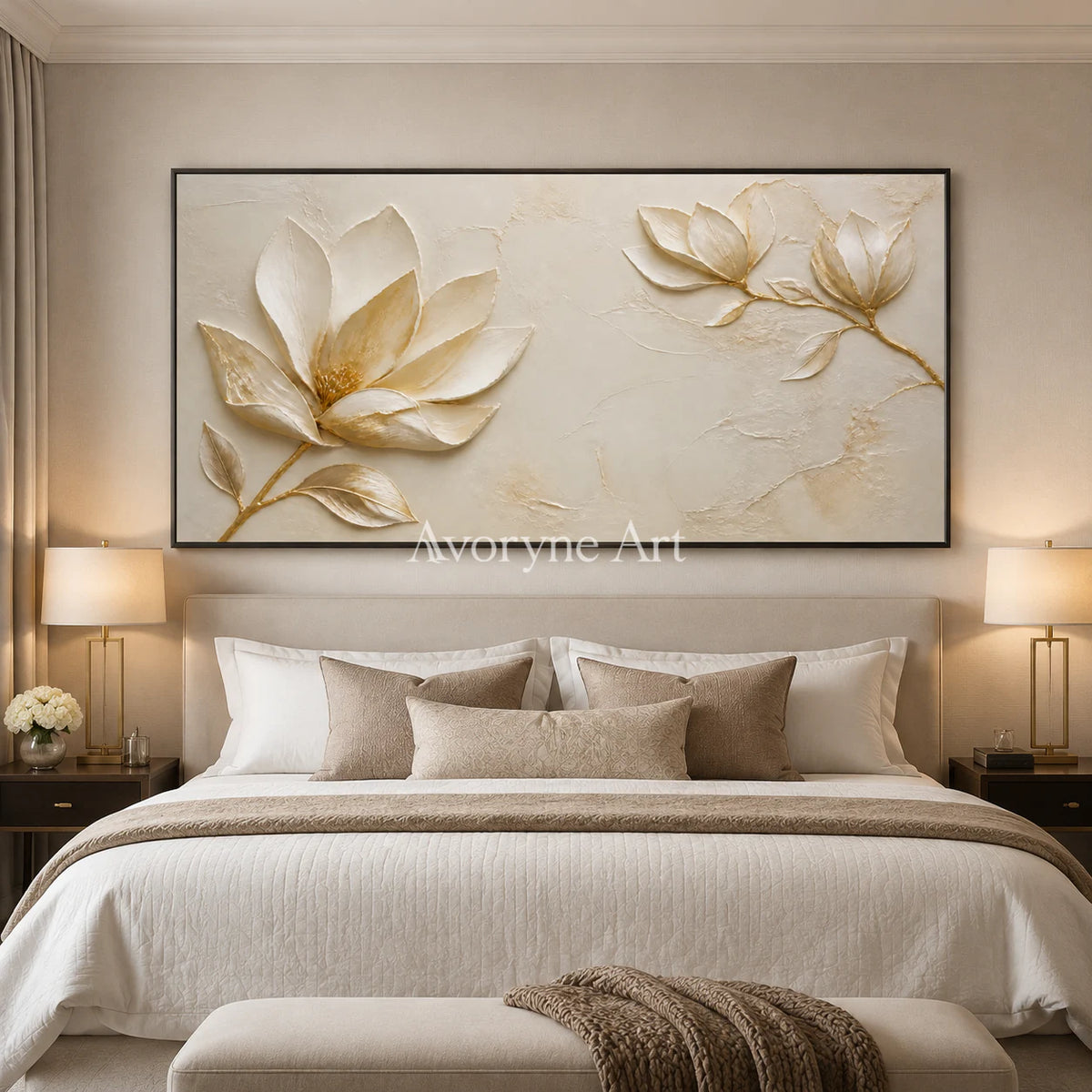 Gilded Magnolia: Gold Floral Relief Panoramic Wall Art - bedroom black frame