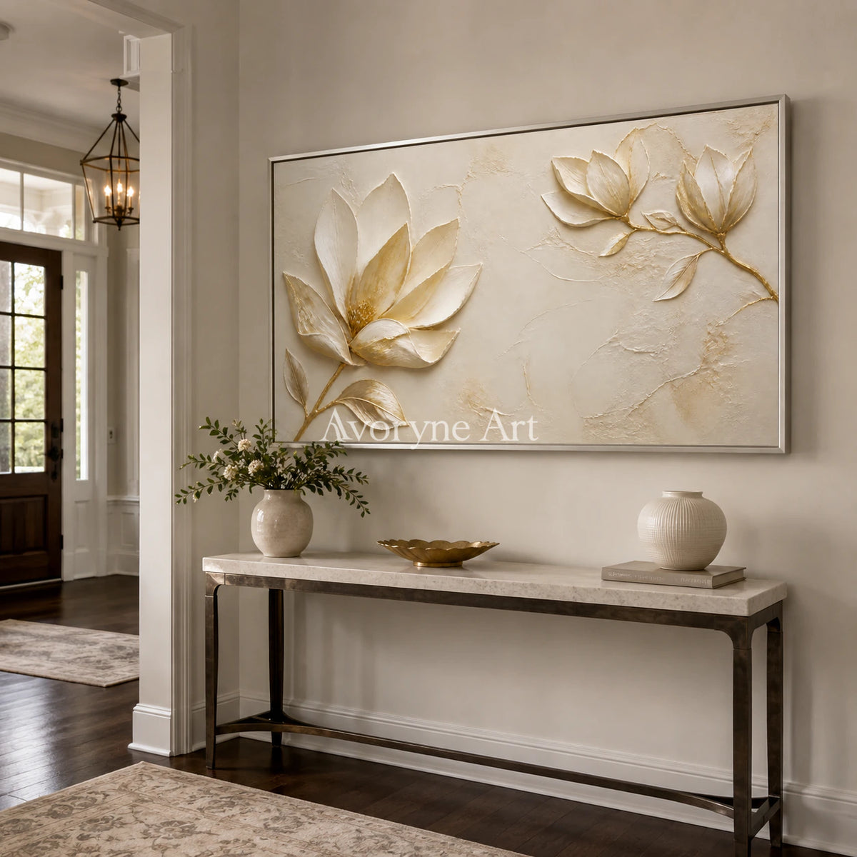 Gilded Magnolia: Gold Floral Relief Panoramic Wall Art - dining room white frame