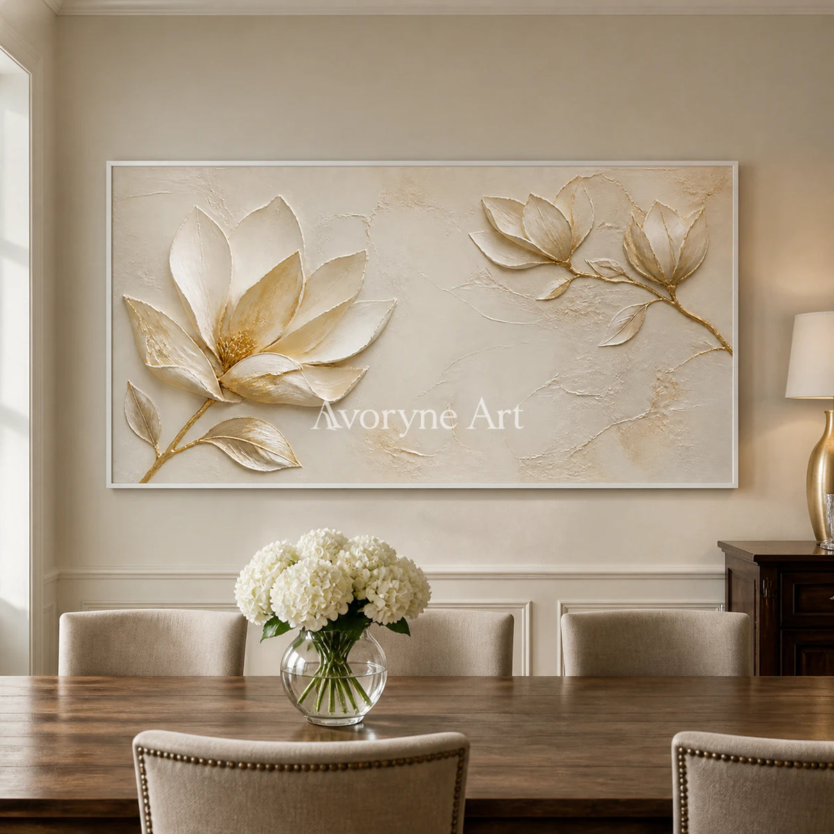 Gilded Magnolia: Gold Floral Relief Panoramic Wall Art - entryway silver frame