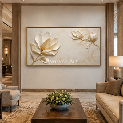 Gilded Magnolia: Gold Floral Relief Panoramic Wall Art - hotel wood frame