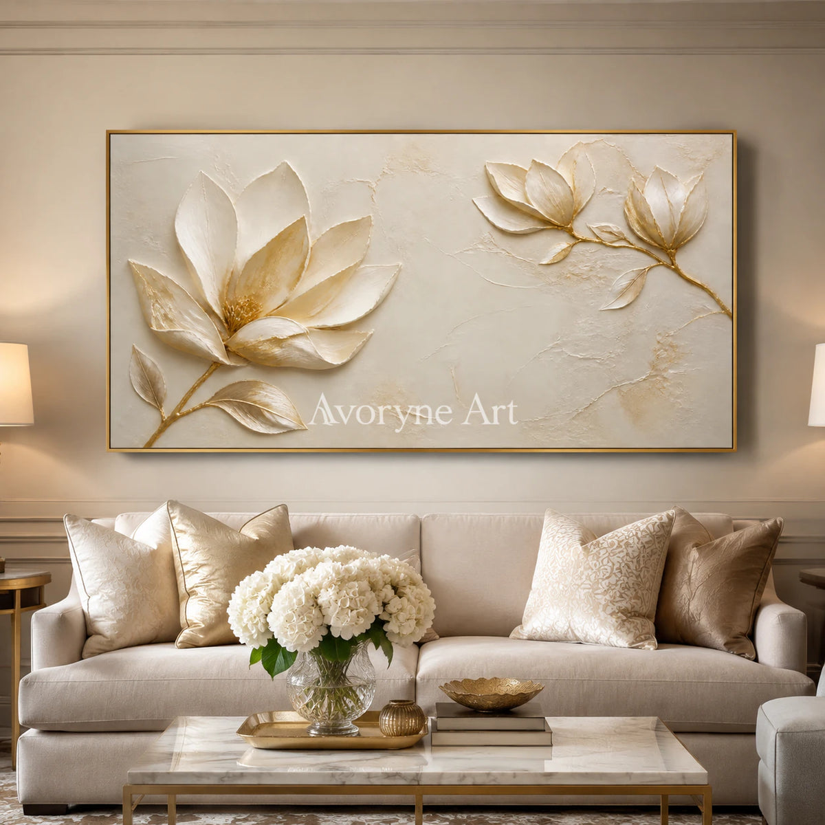 Gilded Magnolia: Gold Floral Relief Panoramic Wall Art - living room gold frame