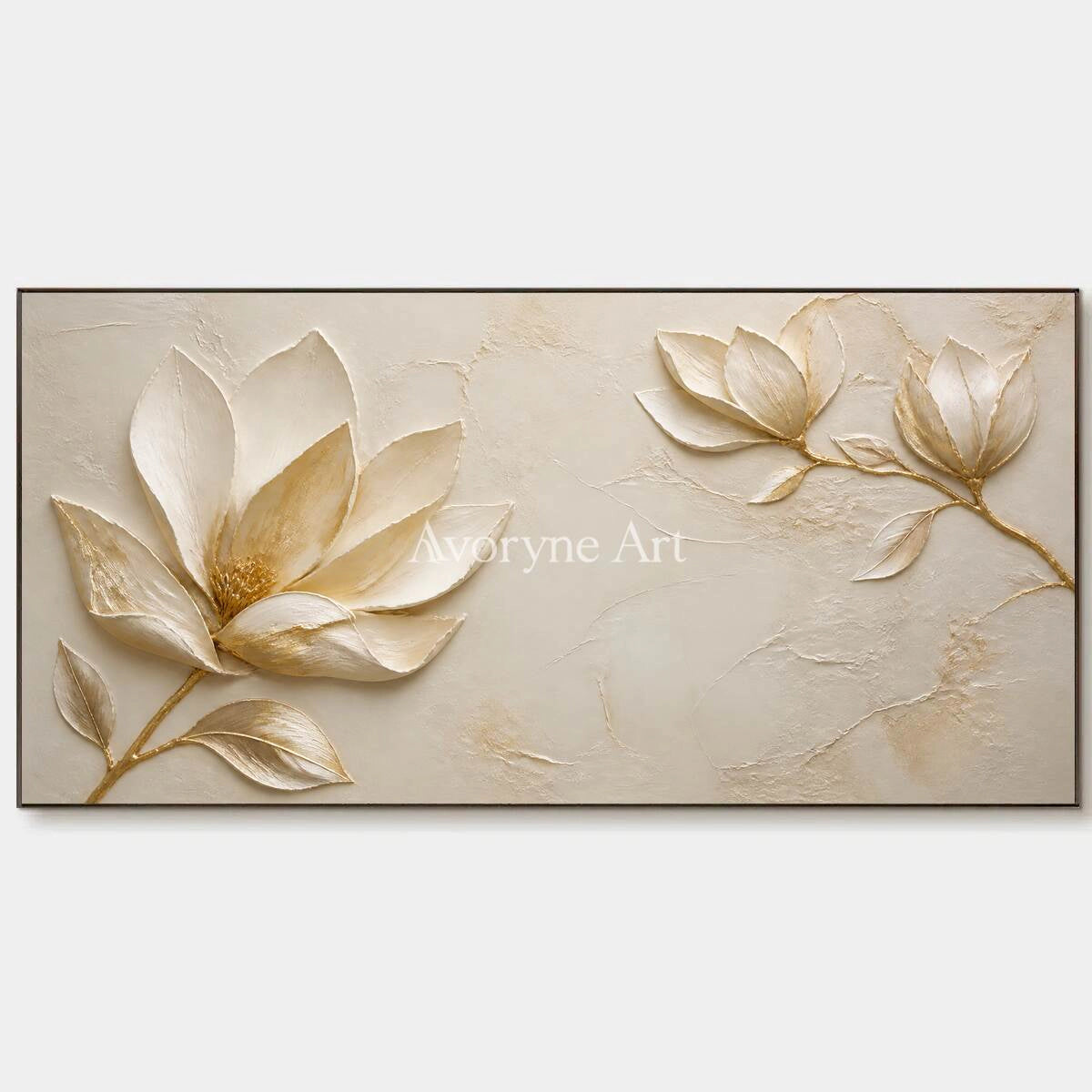 Gilded Magnolia: Gold Floral Relief Panoramic Wall Art - main