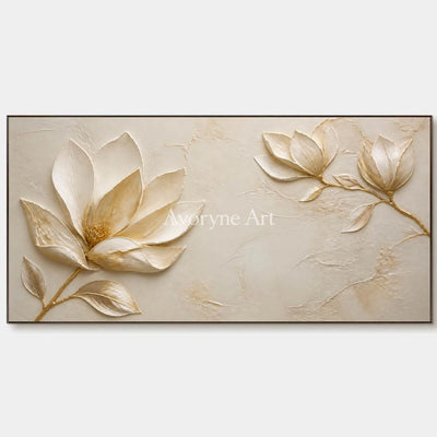 Gilded Magnolia: Gold Floral Relief Panoramic Wall Art - main