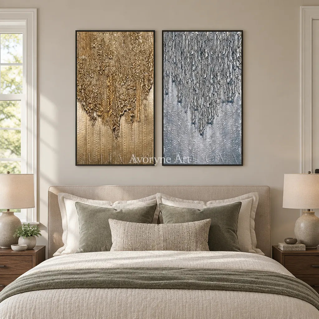 Aster Gesture: Gold Gray Texture Diptych — bedroom black