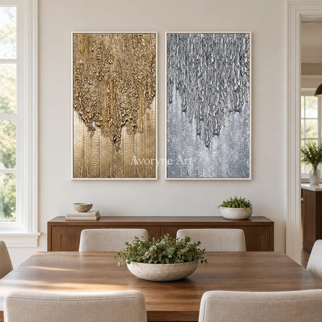 Aster Gesture: Gold Gray Texture Diptych — dining white