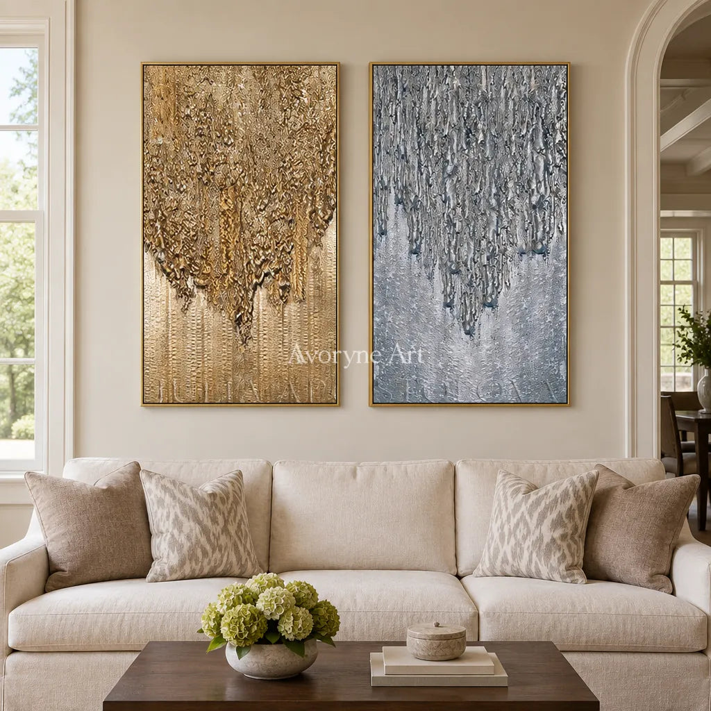Aster Gesture: Gold Gray Texture Diptych — living gold