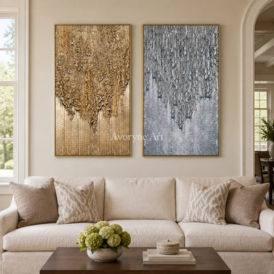 Aster Gesture: Gold Gray Texture Diptych — living gold