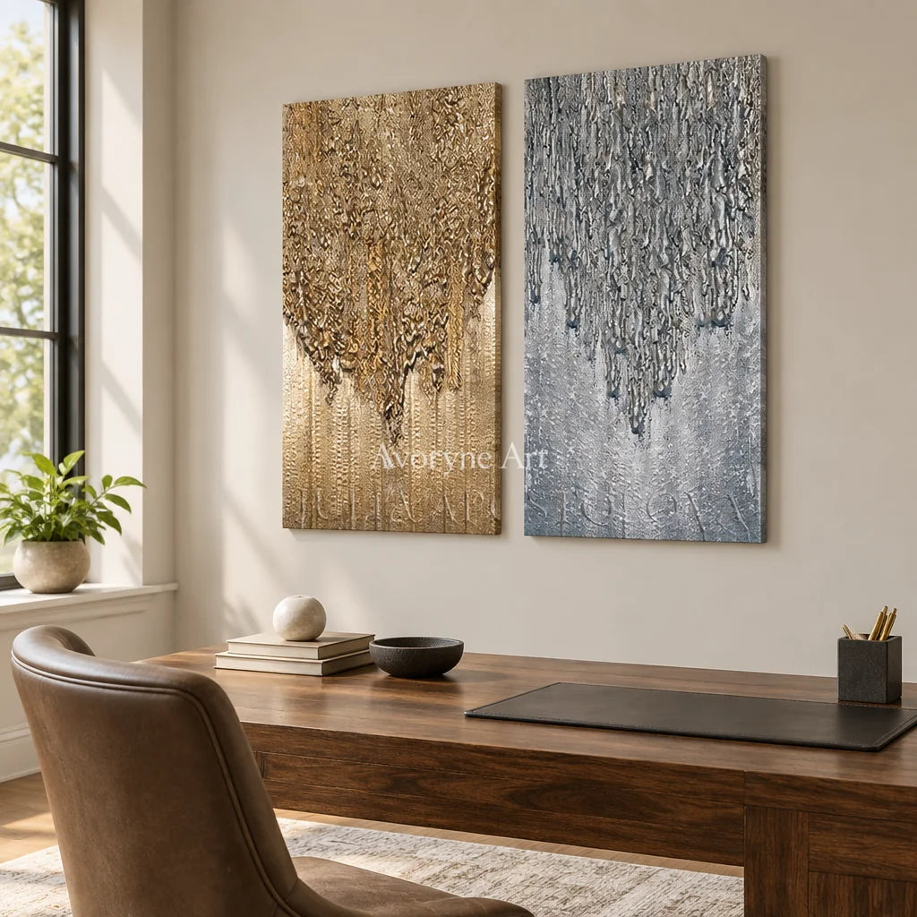 Aster Gesture: Gold Gray Texture Diptych — office frameless
