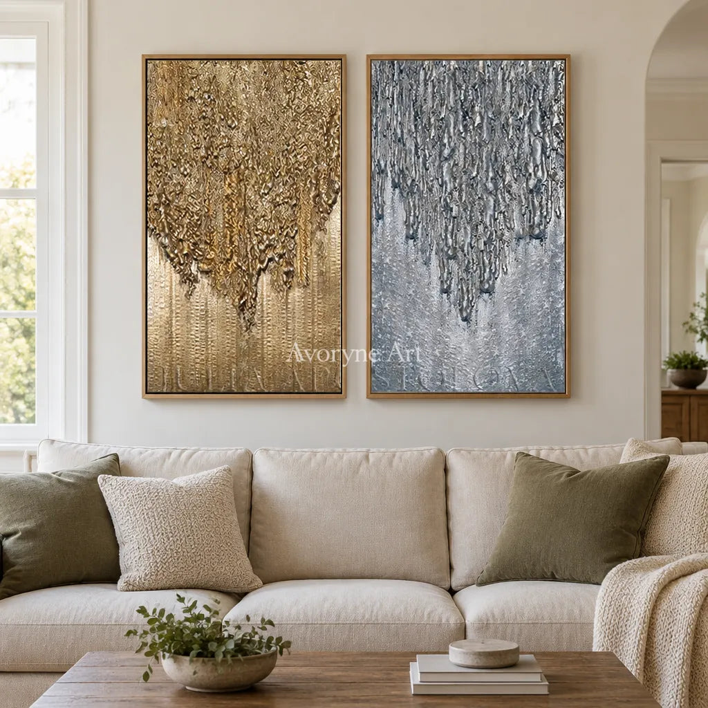Aster Gesture: Gold Gray Texture Diptych — villa wood