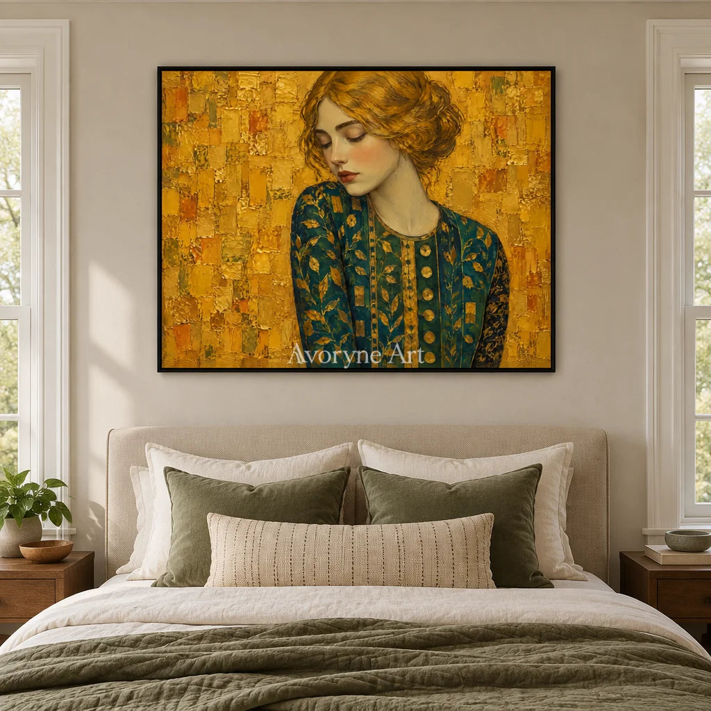 Golden Contemplation: Gold Green Portrait Wall Art — bedroom black