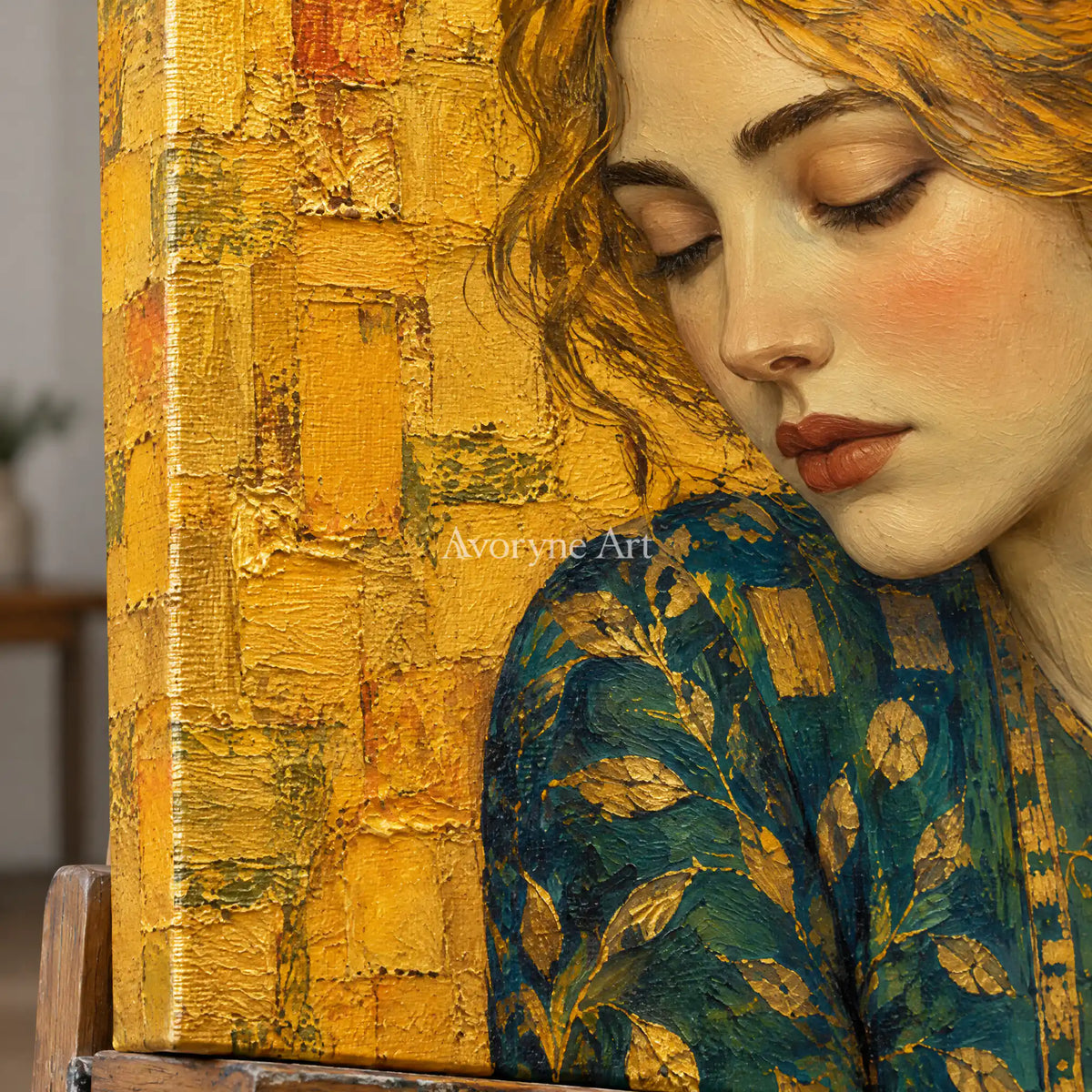 Golden Contemplation: Gold Green Portrait Wall Art — detail easel