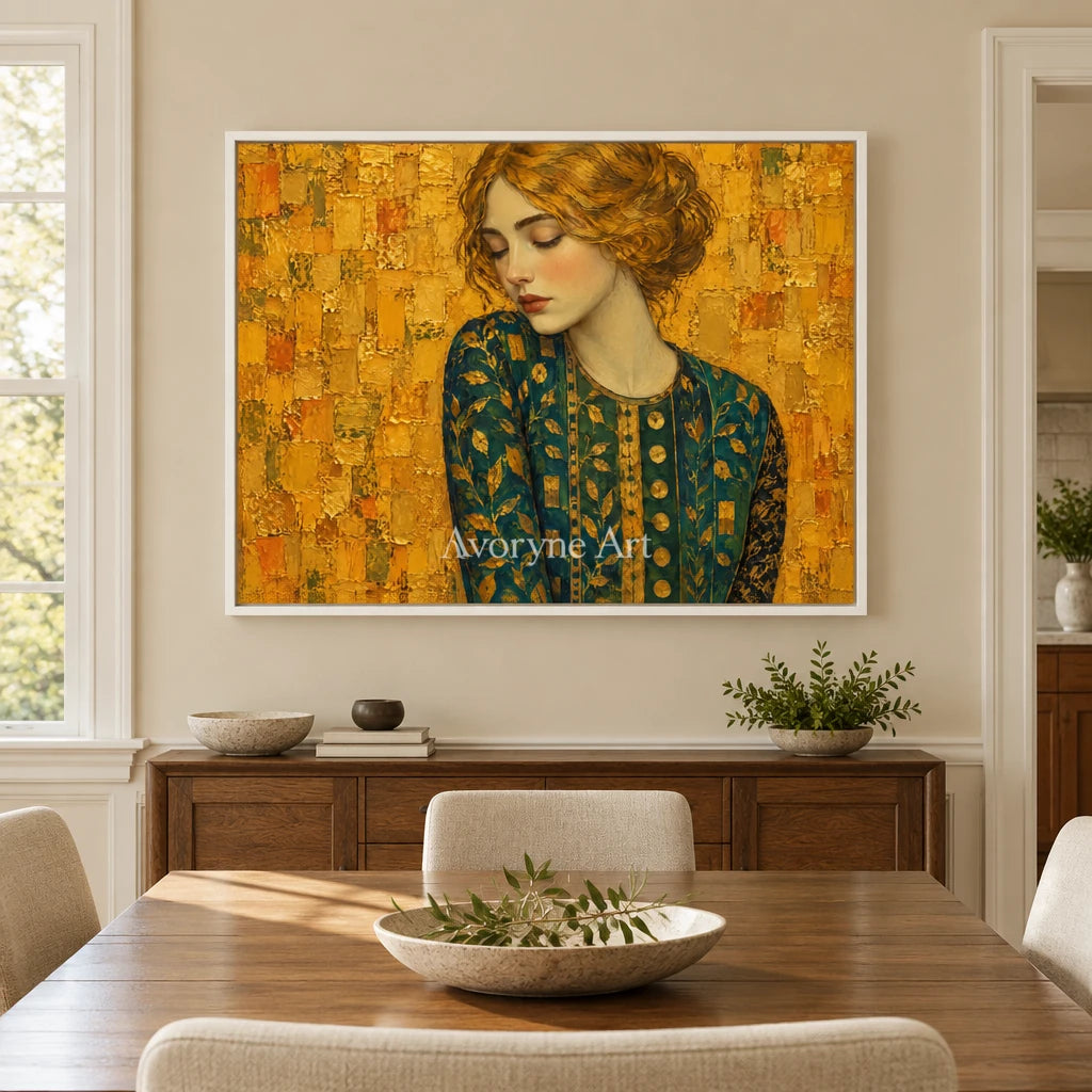 Golden Contemplation: Gold Green Portrait Wall Art — dining white