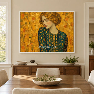 Golden Contemplation: Gold Green Portrait Wall Art — dining white