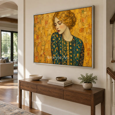 Golden Contemplation: Gold Green Portrait Wall Art — entry silver