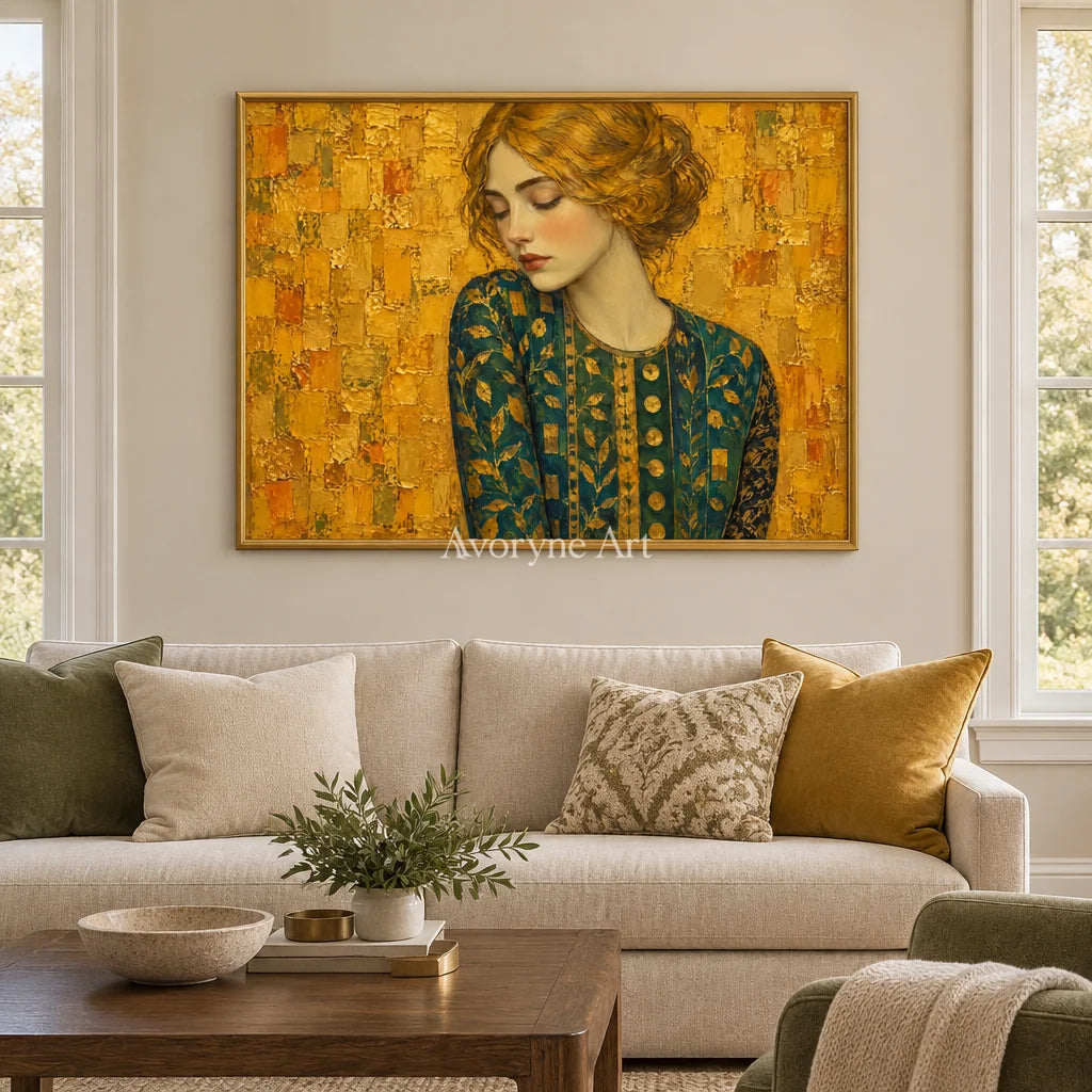 Golden Contemplation: Gold Green Portrait Wall Art — living gold