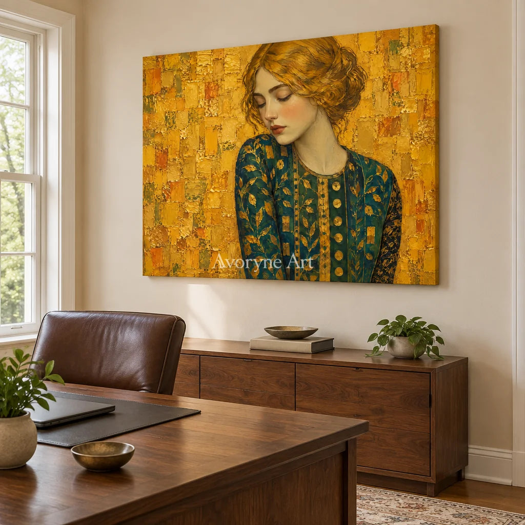 Golden Contemplation: Gold Green Portrait Wall Art — office frameless