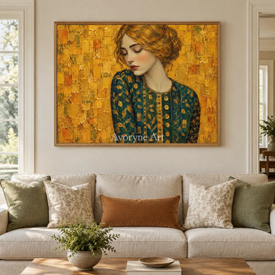 Golden Contemplation: Gold Green Portrait Wall Art — villa wood