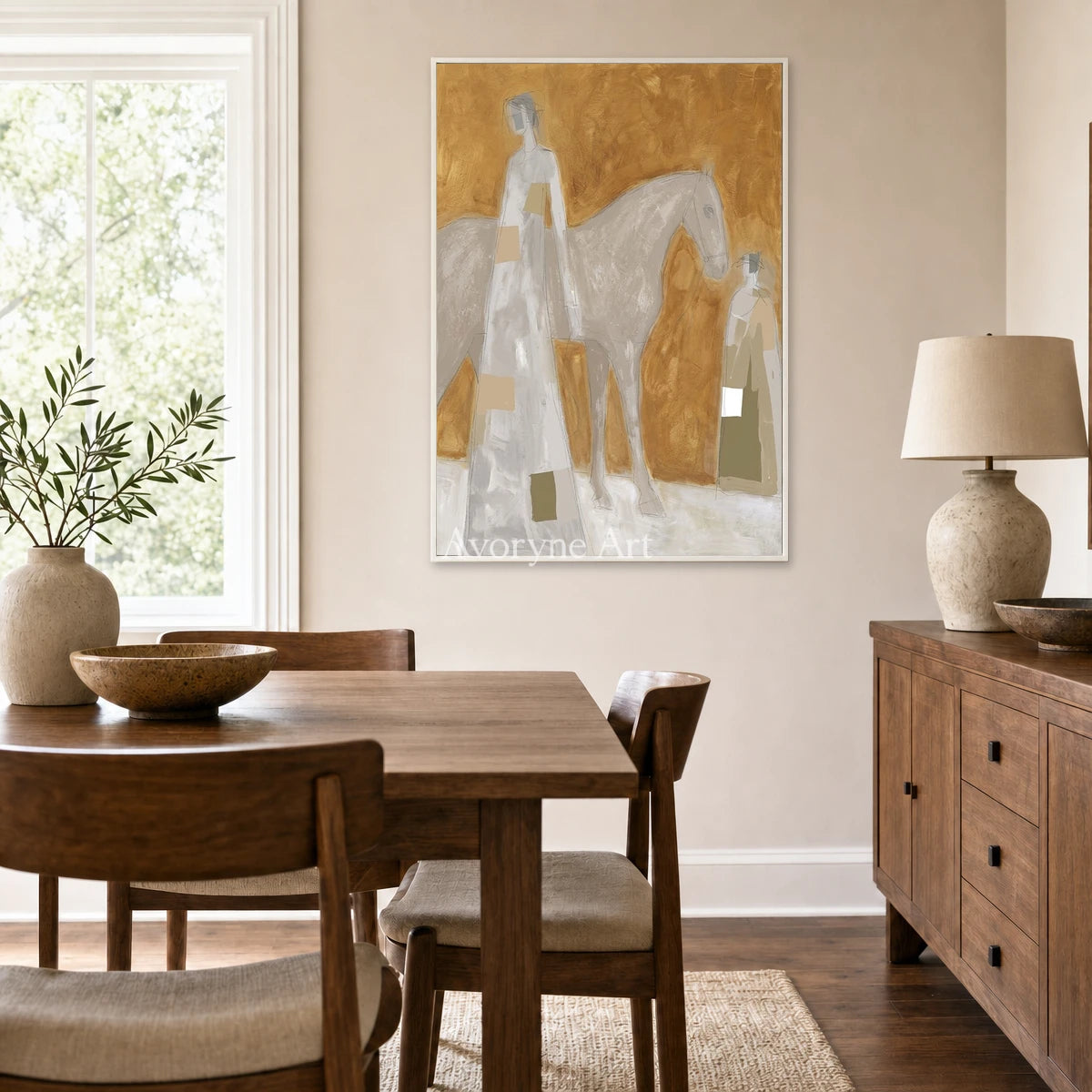 Pale Procession: Gold Horse and Figures Textured Wall Art — dining white