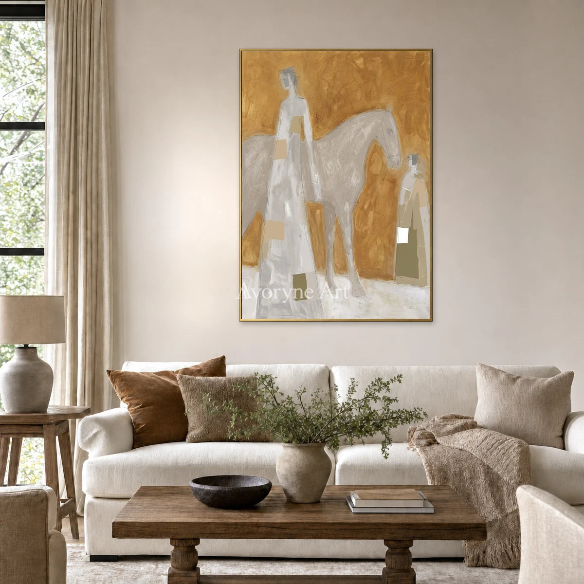 Pale Procession: Gold Horse and Figures Textured Wall Art — living gold
