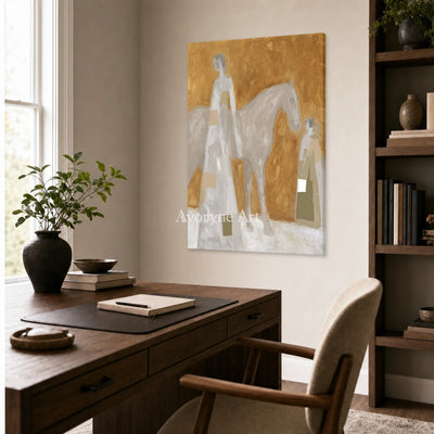 Pale Procession: Gold Horse and Figures Textured Wall Art — office frameless