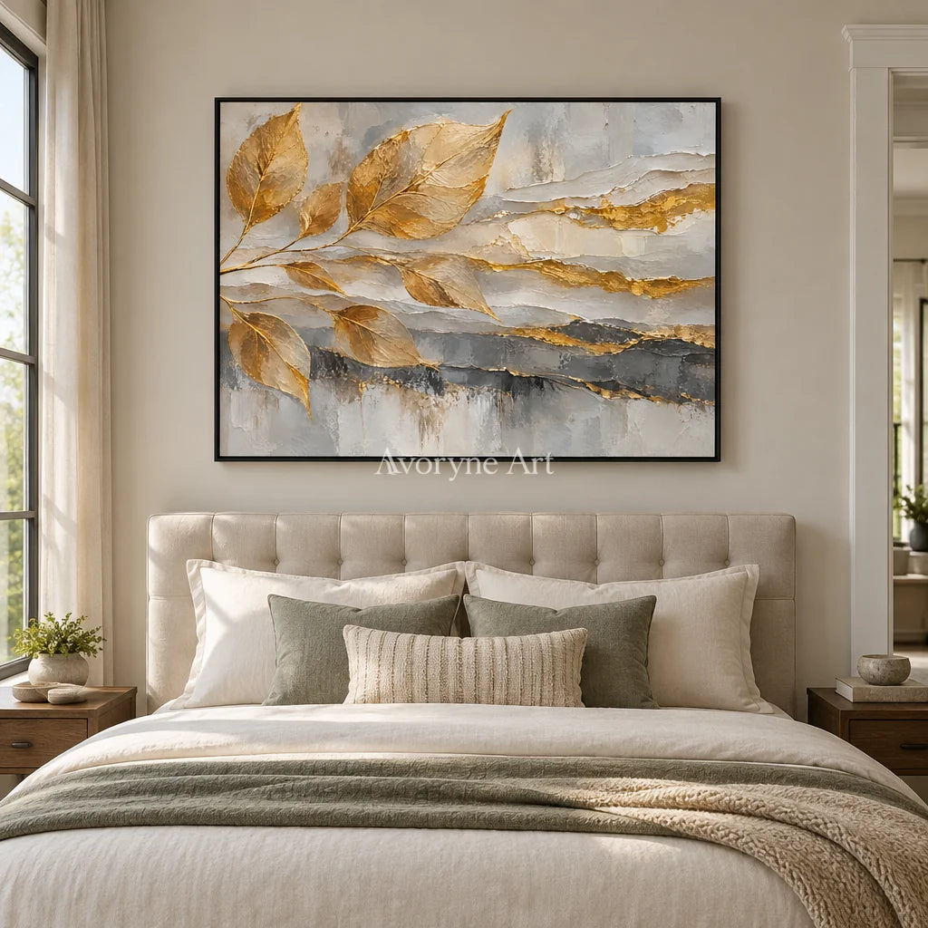 Gilded Fronds: Gold Leaf Textured Abstract Art — bedroom black