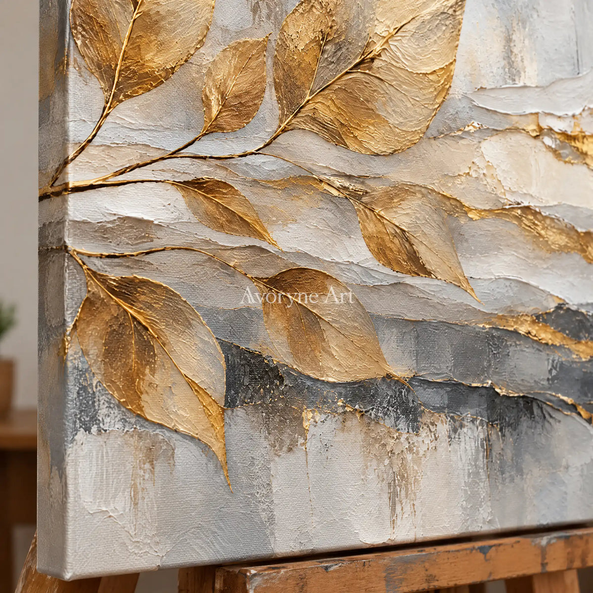 Gilded Fronds: Gold Leaf Textured Abstract Art — detail easel