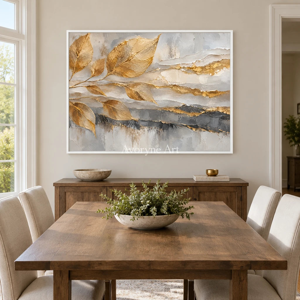 Gilded Fronds: Gold Leaf Textured Abstract Art — dining white