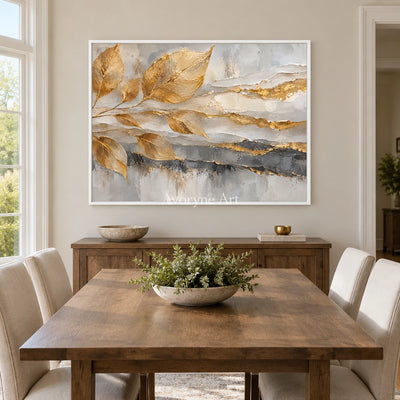 Gilded Fronds: Gold Leaf Textured Abstract Art — dining white