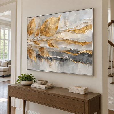Gilded Fronds: Gold Leaf Textured Abstract Art — entry silver