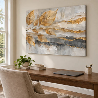 Gilded Fronds: Gold Leaf Textured Abstract Art — office frameless
