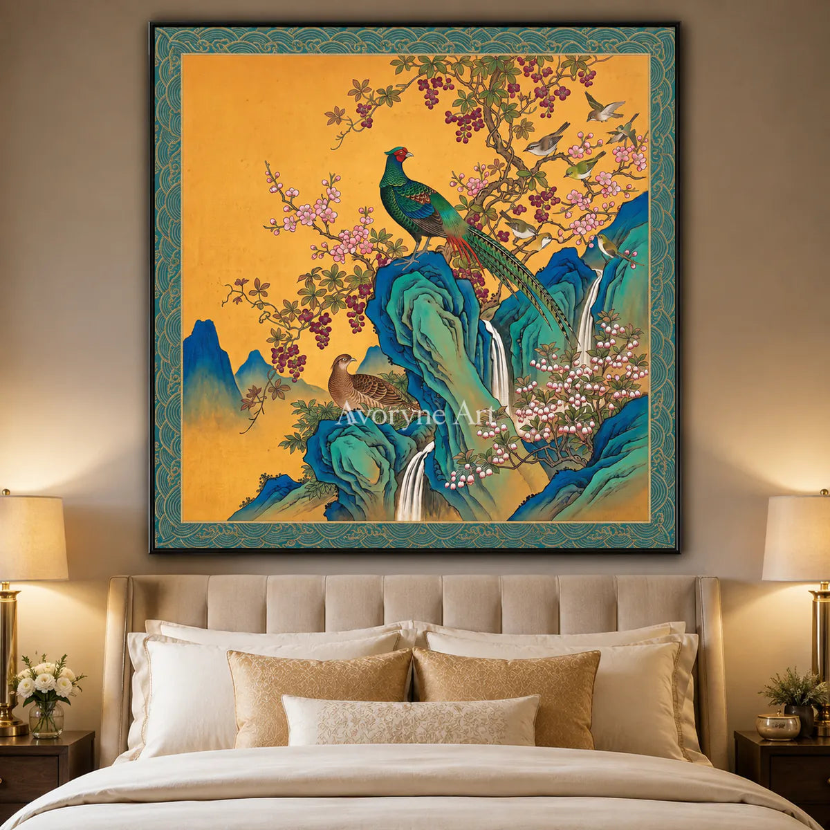 Amber Aviary: Gold Pheasant and Blossom Wall Art — bedroom black frame
