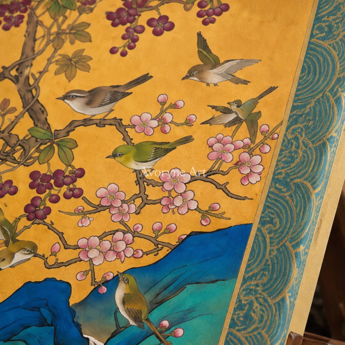 Amber Aviary: Gold Pheasant and Blossom Wall Art — detail easel oblique