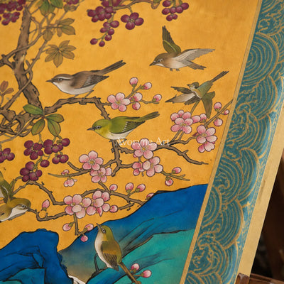 Amber Aviary: Gold Pheasant and Blossom Wall Art — detail easel oblique