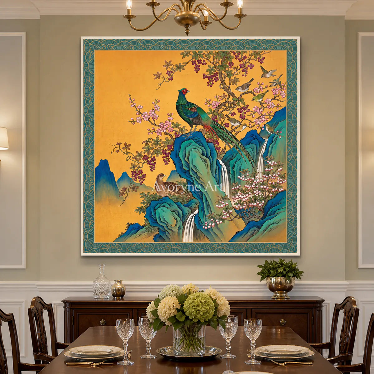 Amber Aviary: Gold Pheasant and Blossom Wall Art — dining room white frame