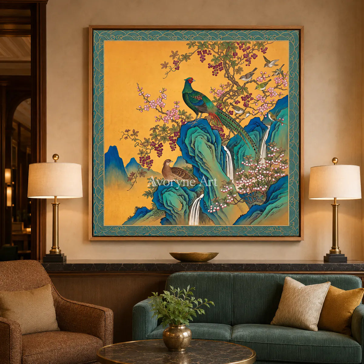 Amber Aviary: Gold Pheasant and Blossom Wall Art — hotel wood frame