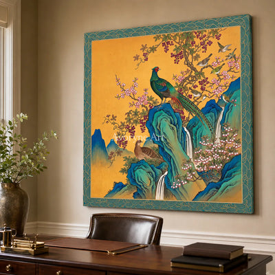 Amber Aviary: Gold Pheasant and Blossom Wall Art — office frameless oblique