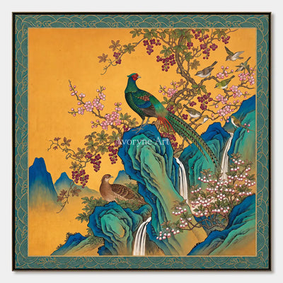 Amber Aviary: Gold Pheasant and Blossom Wall Art — primary