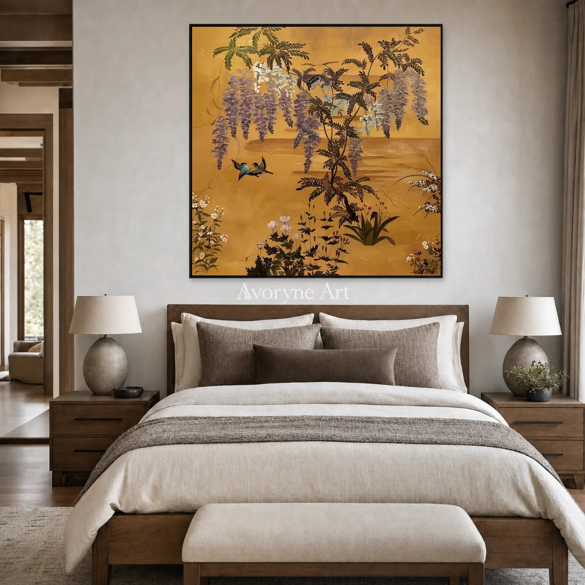 Wisteria Reverie: Gold Wisteria and Birds Square Wall Art — bedroom black