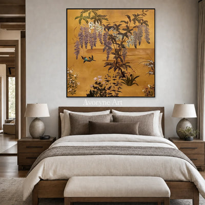 Wisteria Reverie: Gold Wisteria and Birds Square Wall Art — bedroom black