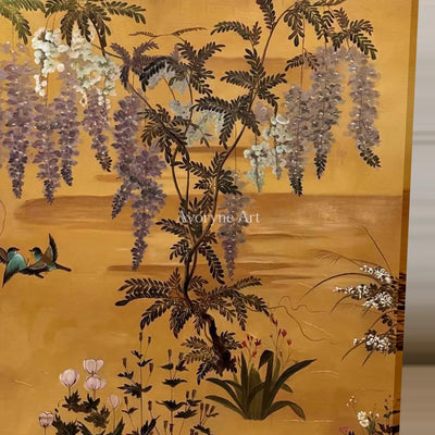 Wisteria Reverie: Gold Wisteria and Birds Square Wall Art — detail easel