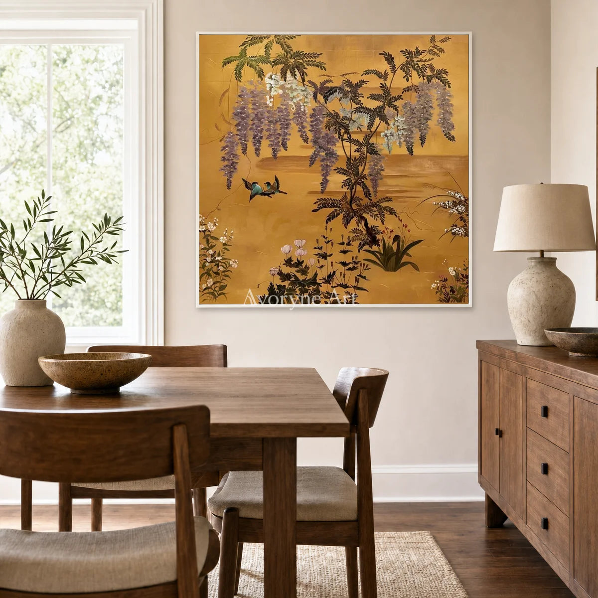 Wisteria Reverie: Gold Wisteria and Birds Square Wall Art — dining white
